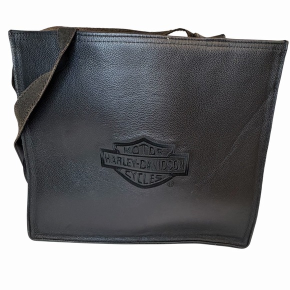 Harley-Davidson Handbags - Vintage Harley Davidson Black Embroidered Logo Leather Shoulder Bag Purse Tote